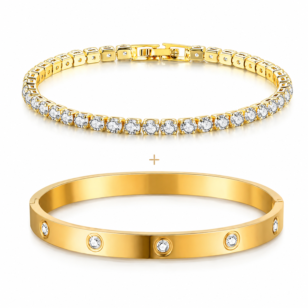 Conjunto Pulseira Riviera + Bracelete — Banhado a Ouro 18k